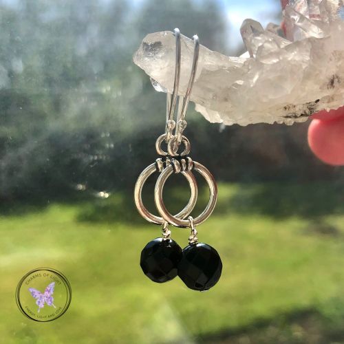 Black Onyx Silver Hoop Drop Earrings